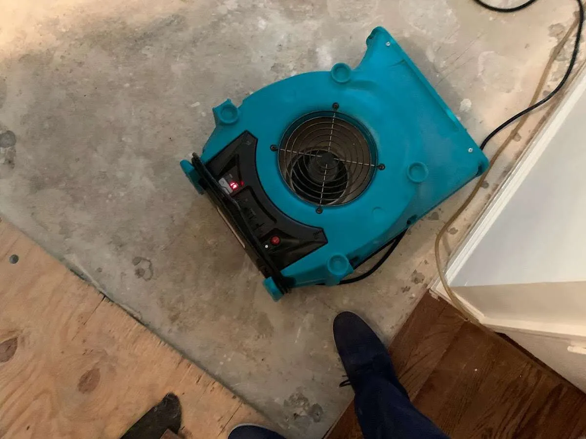 Air mover drying subfloor during Leak Detection & Repair in Templeton